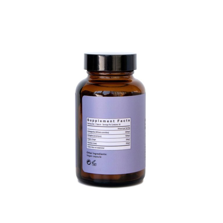 Back of Be Calm model premium wellness supplement container with a secure amber lid