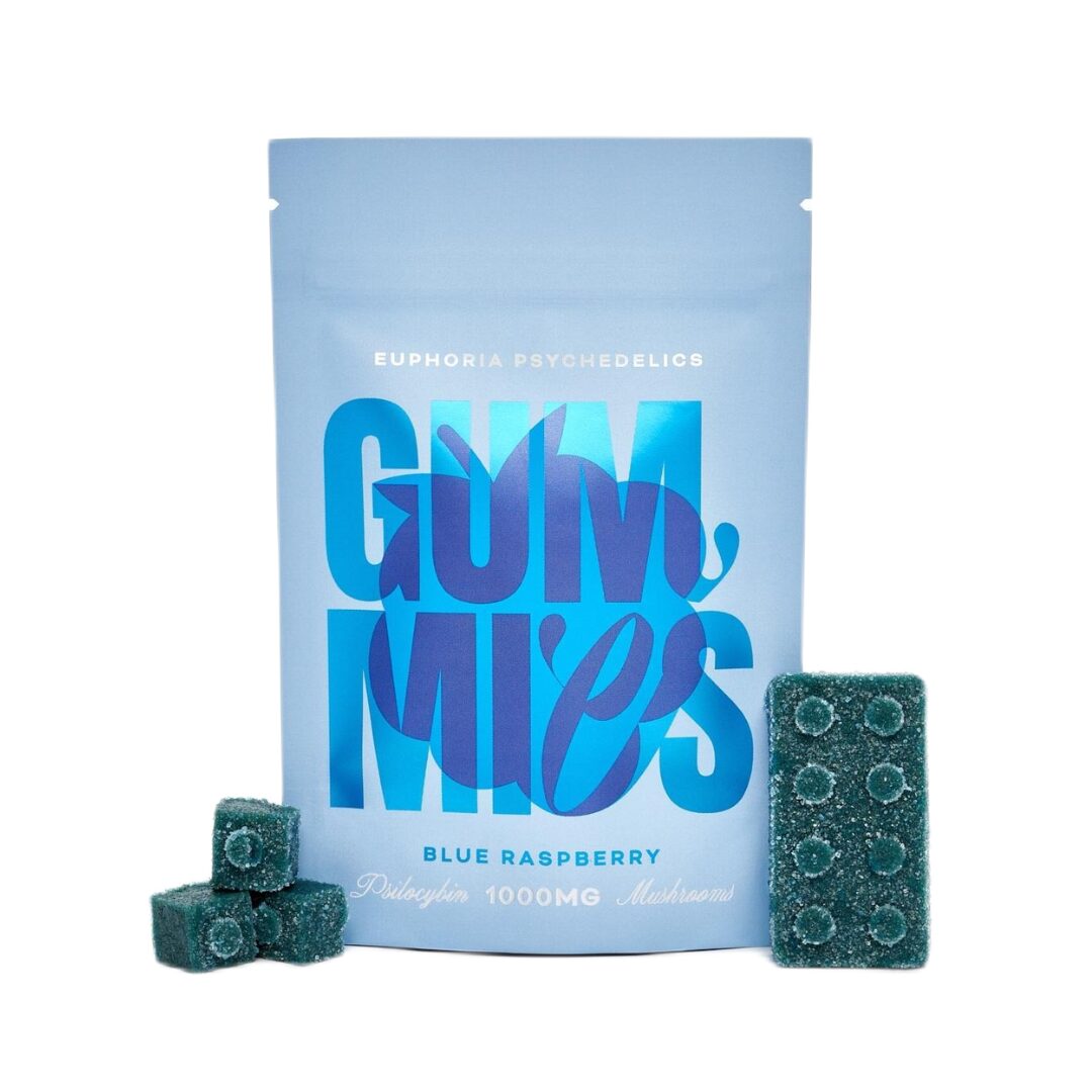 Front view of Euphoria brand Blue Raspberry flavor one thousand milligram interlocking toy brick style specialty fruit chew packaging